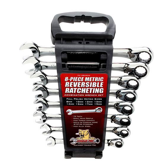 8-piece polished metric combination wrench set with reversible ratcheting heads in compact black plastic holder for hand tools collection