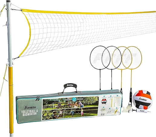 Outdoor volleyball and badminton net set with rackets, volleyball, and carrying case for backyard games under $100
