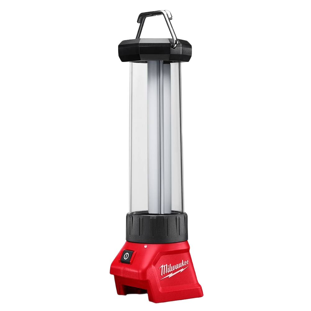 Red and black Milwaukee work light with hanging hook and high-lumen output for home improvement and tool use