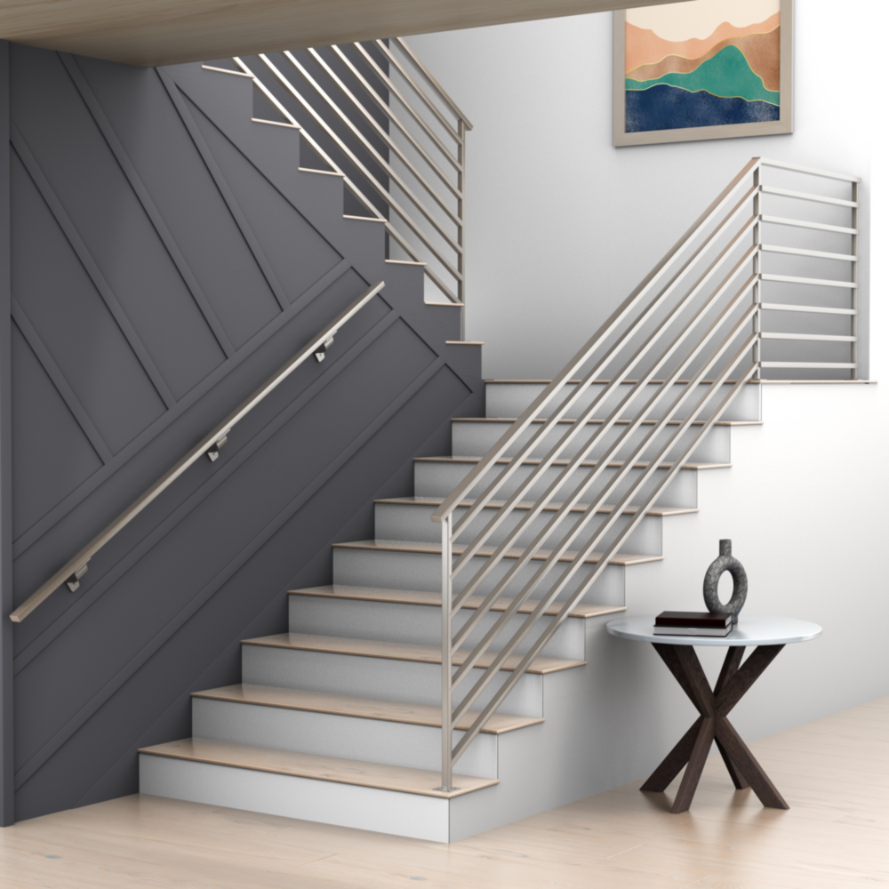 Satin nickel handrail bracket securing modern staircase railing in home improvement and shelving brackets collection