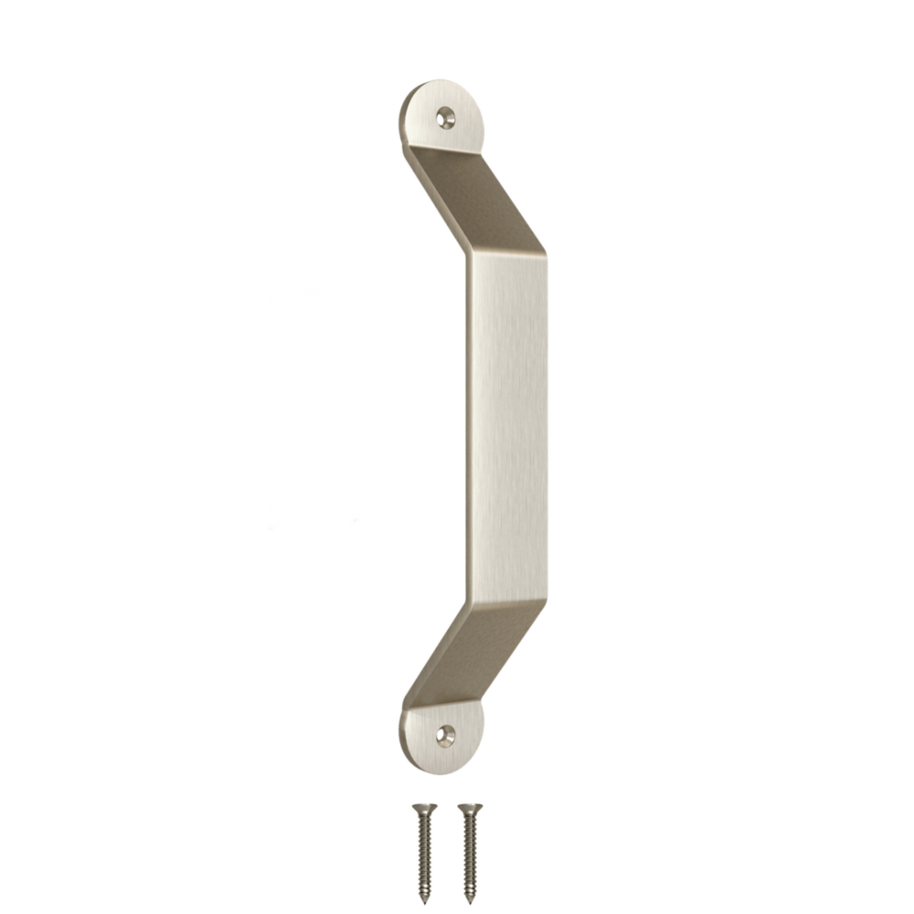 Satin nickel barn door pull with angled ends and mounting screws for wood doors in door knobs and hardware collection under $50