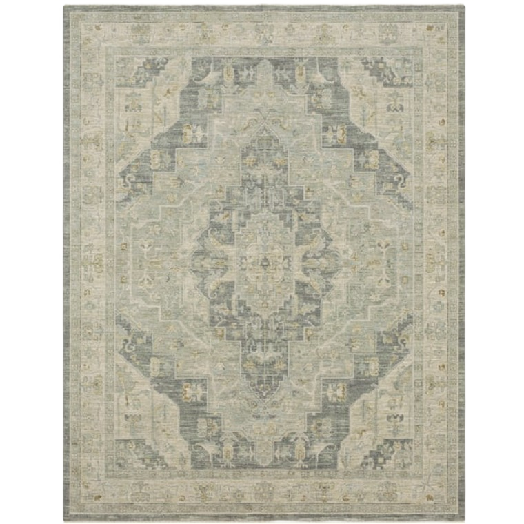 Rectangular dark gray rug with intricate geometric and floral pattern for home decor and improvement use