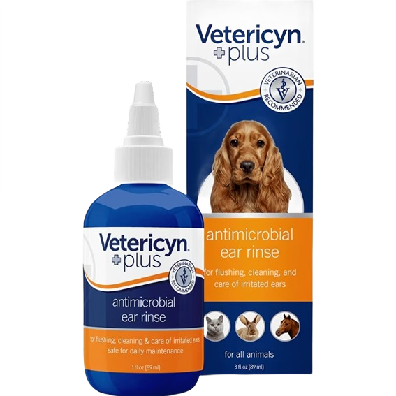 Blue and orange antimicrobial ear rinse bottle with box featuring dog and animal icons for ear care use