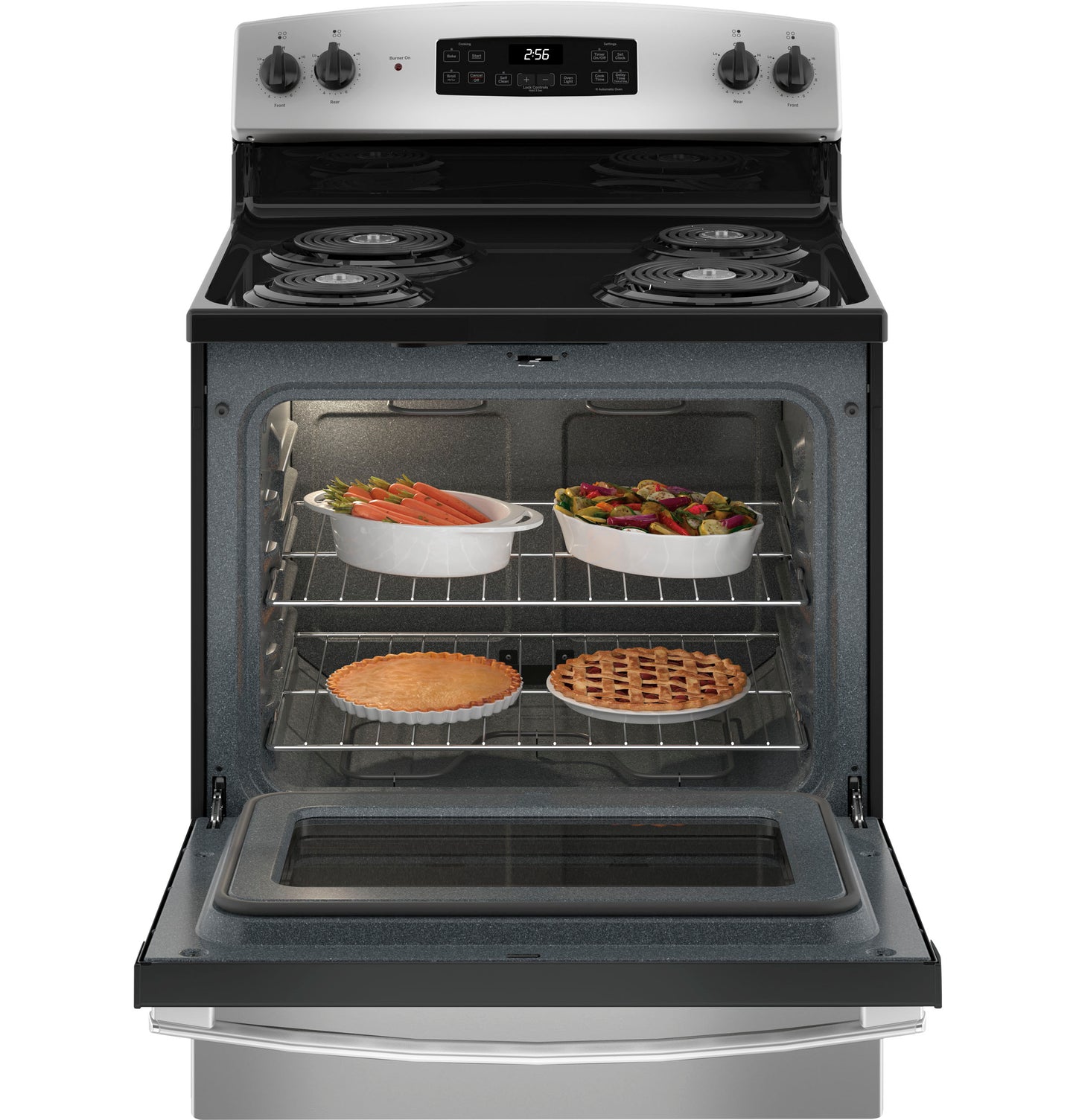 Open stainless steel electric range oven with two racks baking pies and casseroles from Electric Ranges collection