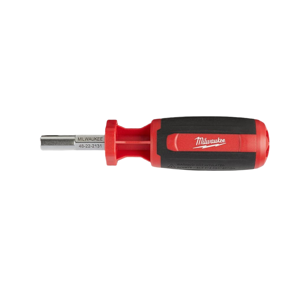 Red and black multi-bit driver with ergonomic handle and metal shaft for versatile tool and home improvement use