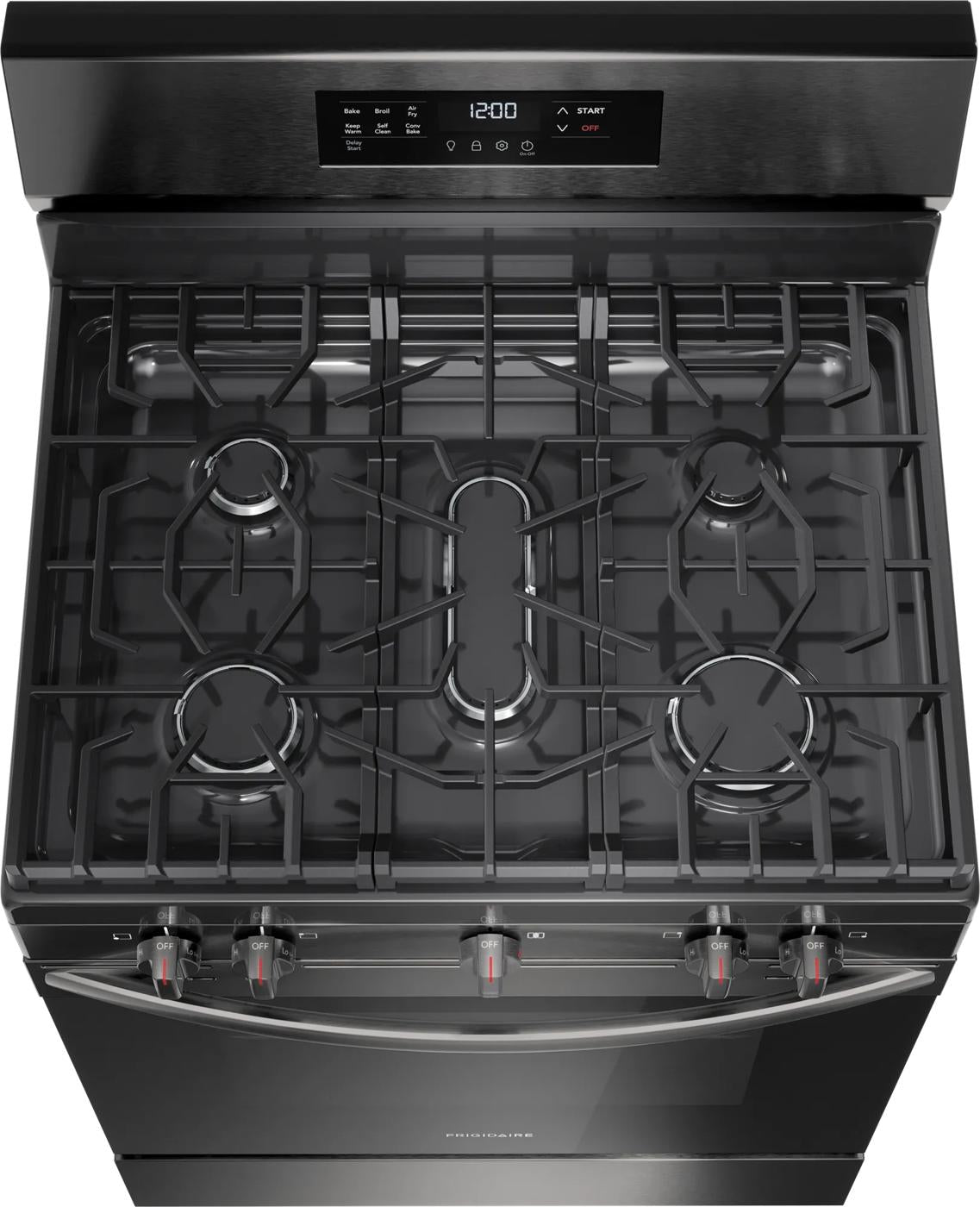 Top view of black gas range with five burners and digital control panel from ranges and kitchenware collection