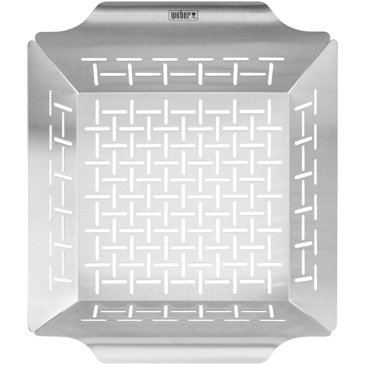Large stainless steel grill basket with ventilation slots for grilling vegetables and small meats in outdoor cooking