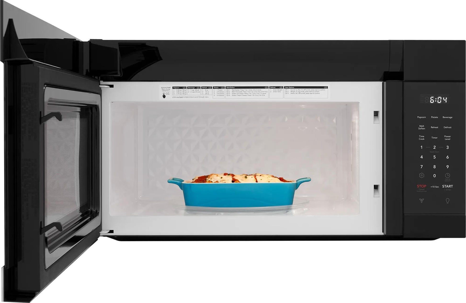 Black over-the-range microwave with open door, digital control panel, and casserole inside for kitchen appliances collections