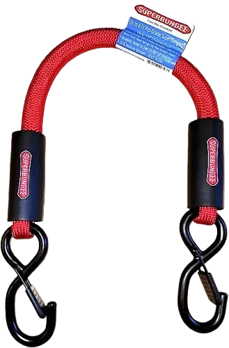 Red pro-grade stretch bungee cord with heavy-duty black hooks for cargo tie-downs and automotive use