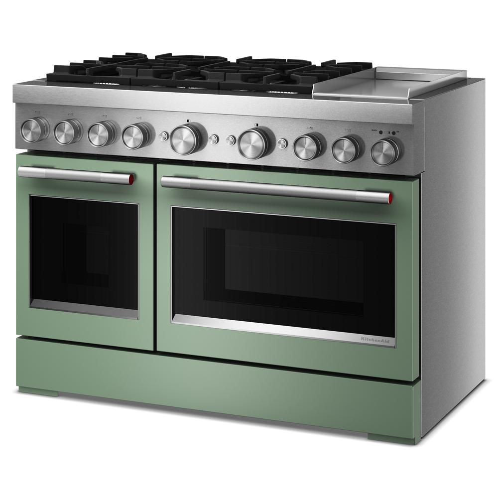 Green and stainless steel commercial dual fuel range with six burners, griddle, and double ovens from KitchenAid Appliances collection