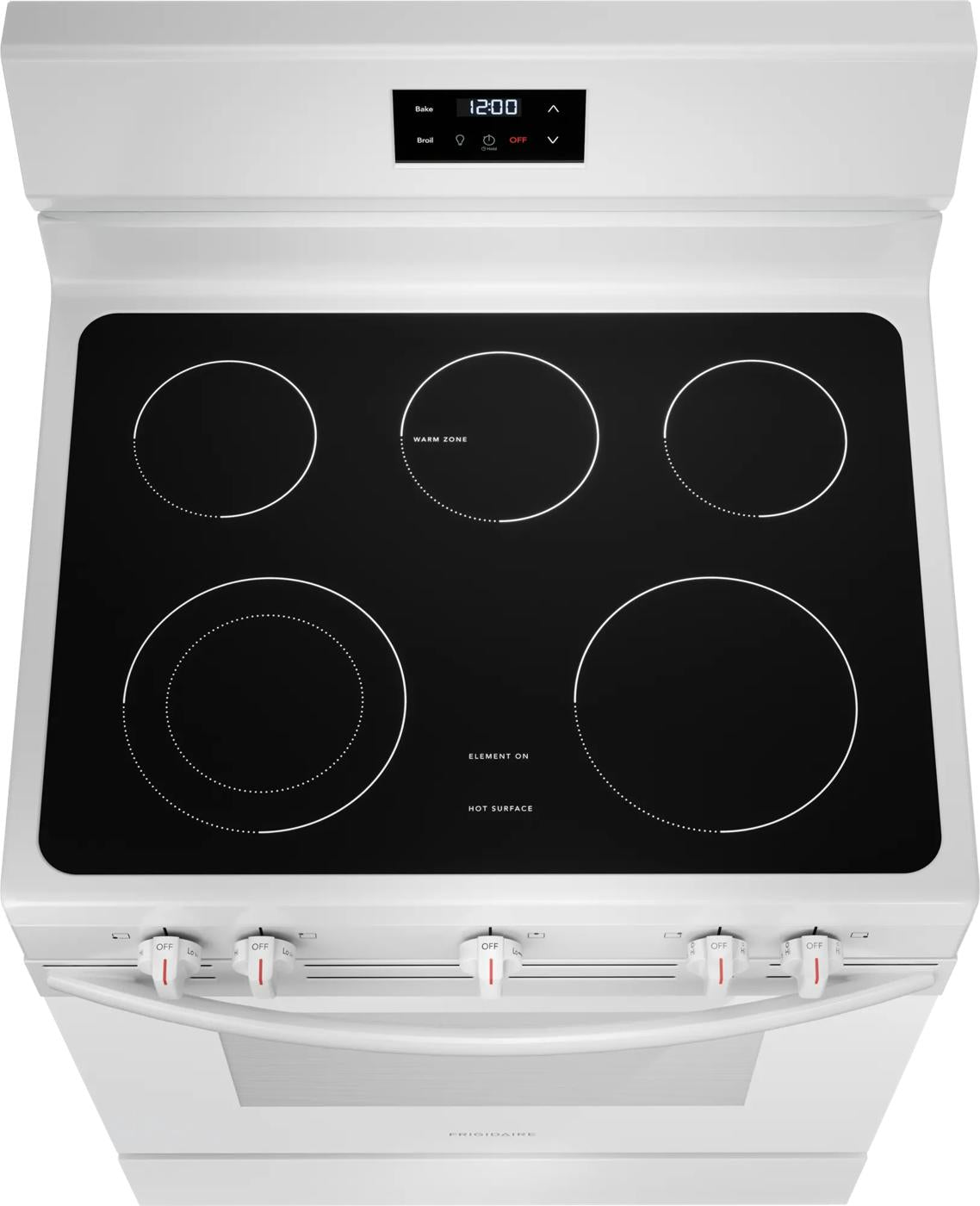 white electric range with five smooth cooktop elements and digital control panel for kitchen and home improvement