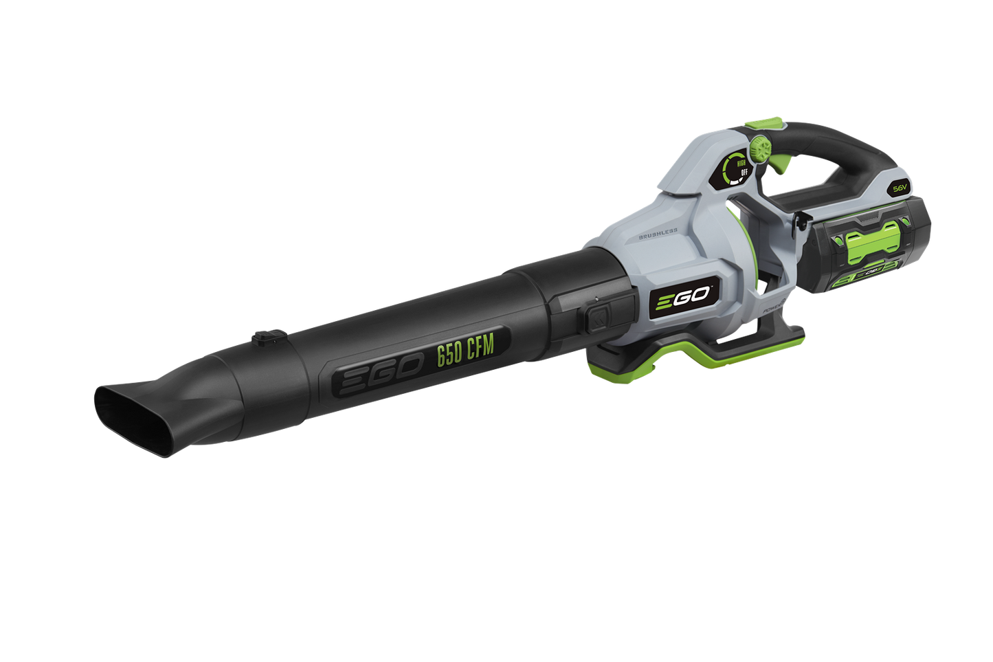 Cordless blower with black nozzle and ergonomic gray and green body for efficient outdoor cleanup tasks