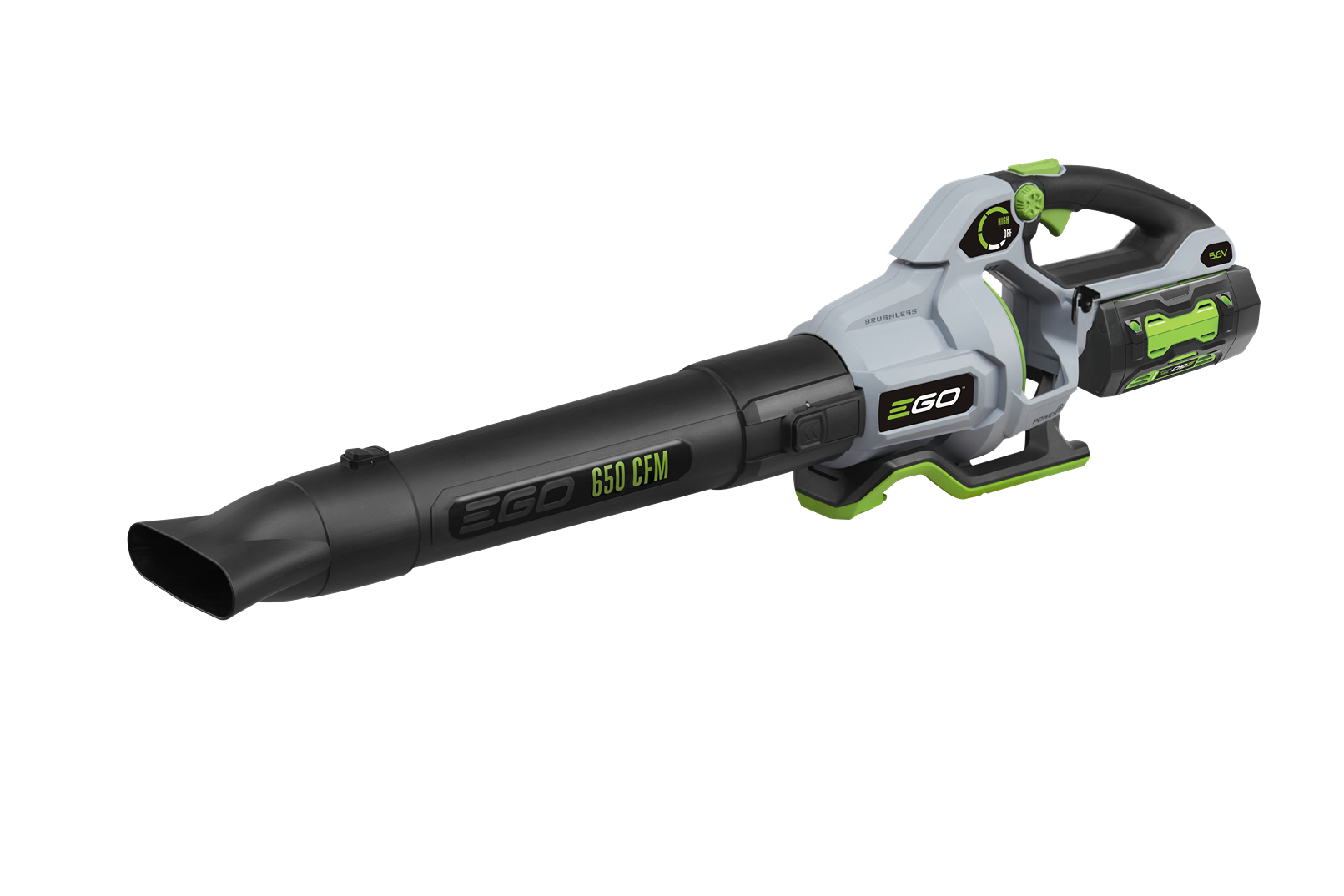 Cordless blower with black nozzle and ergonomic gray and green body for efficient outdoor cleanup tasks