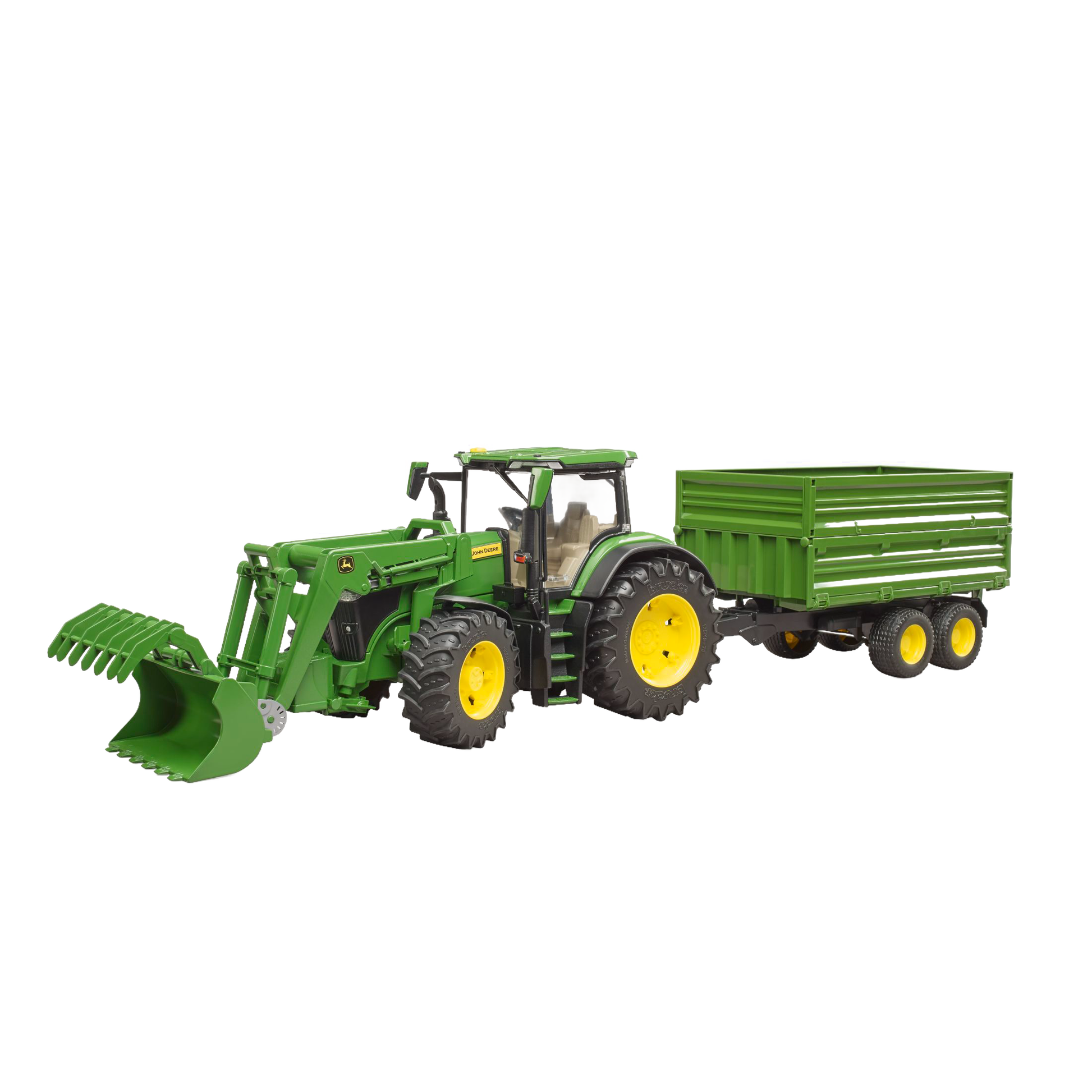 Green Bruder toy tractor with front loader and matching tipping trailer in Vehicles & Remote Controlled Toys collection