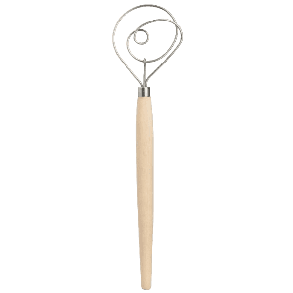Wood-handled kitchen dough whisk with unique stainless steel flow-through design for mixing batters and doughs under $50