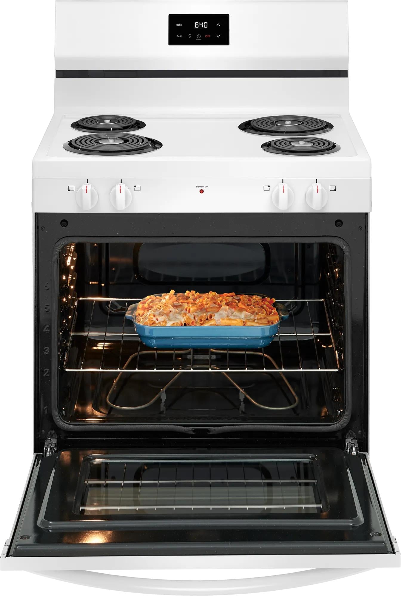 White freestanding electric range with four coil burners, digital display, and oven interior with casserole dish from Ranges collection