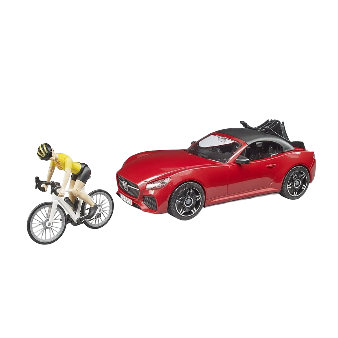 Red sports car toy with cyclist figure riding white racing bicycle for vehicles and toys under $100 collection