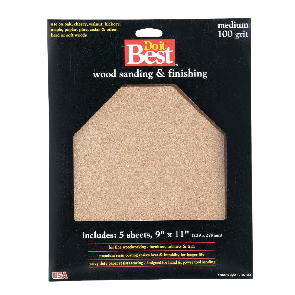 Package of five 9 by 11 inch 100-grit medium sandpaper sheets for wood sanding and finishing tasks.