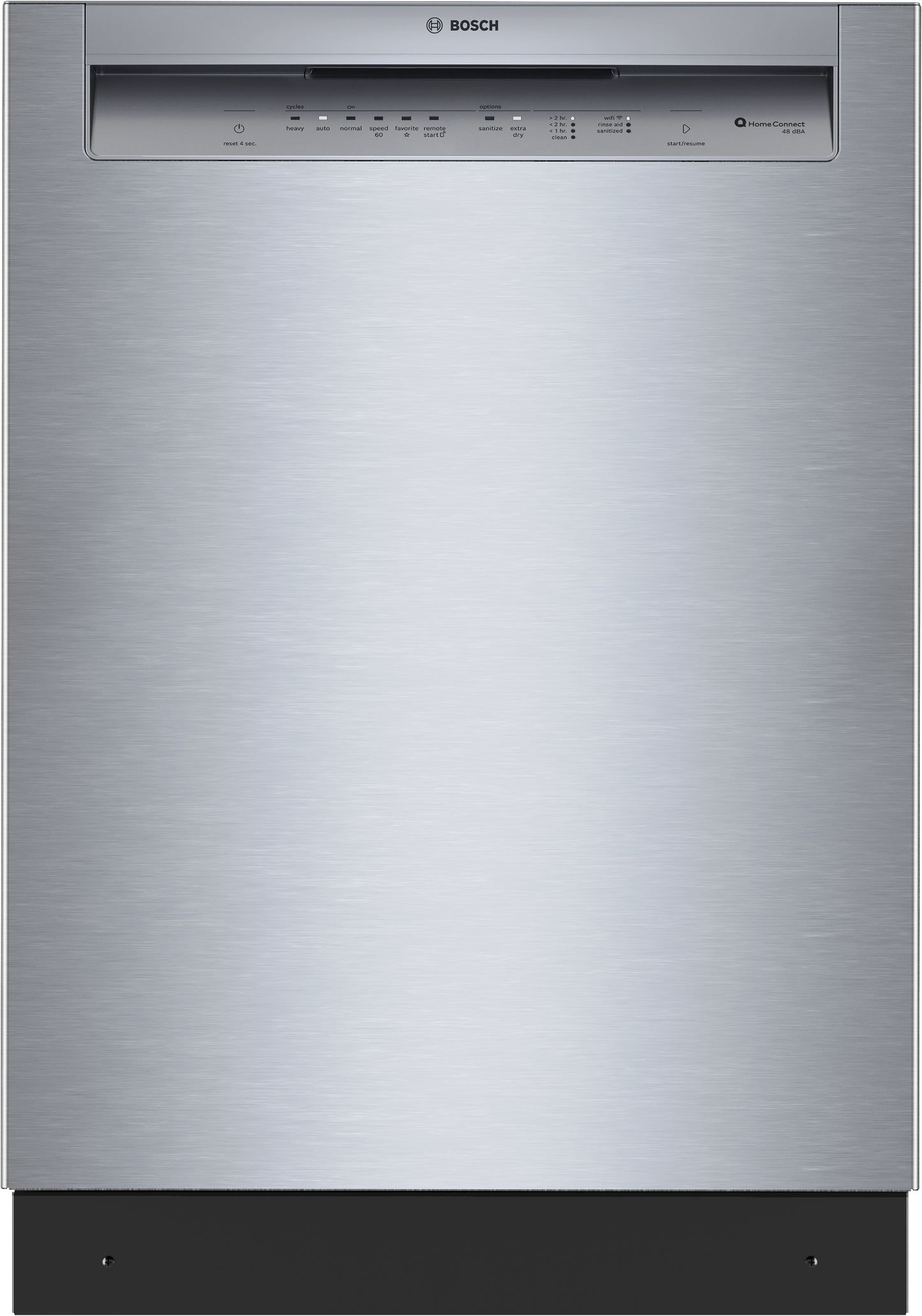 Front view of stainless steel Bosch dishwasher with anti-fingerprint finish and digital control panel from kitchen appliances collection