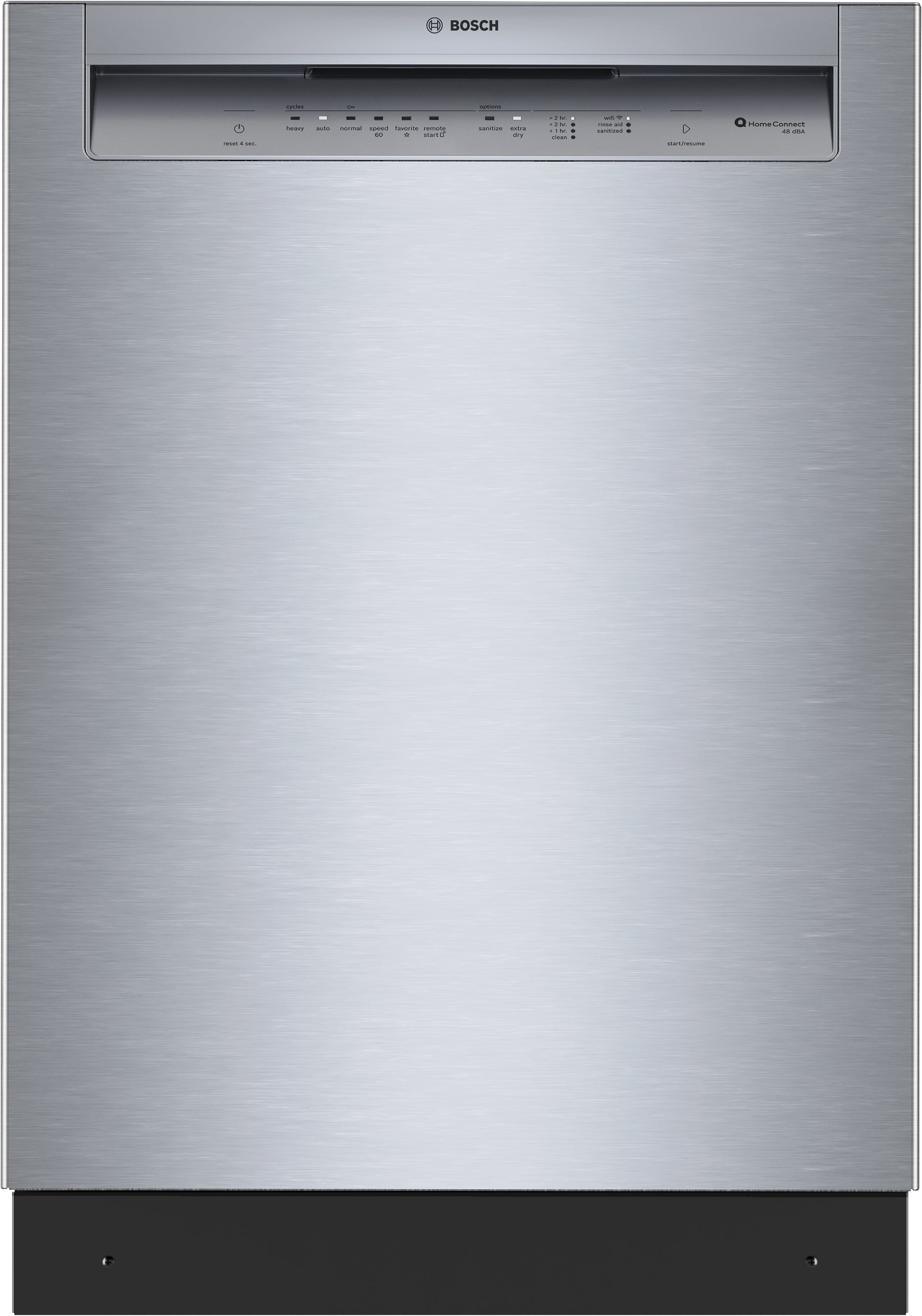Front view of stainless steel Bosch dishwasher with anti-fingerprint finish and digital control panel from kitchen appliances collection