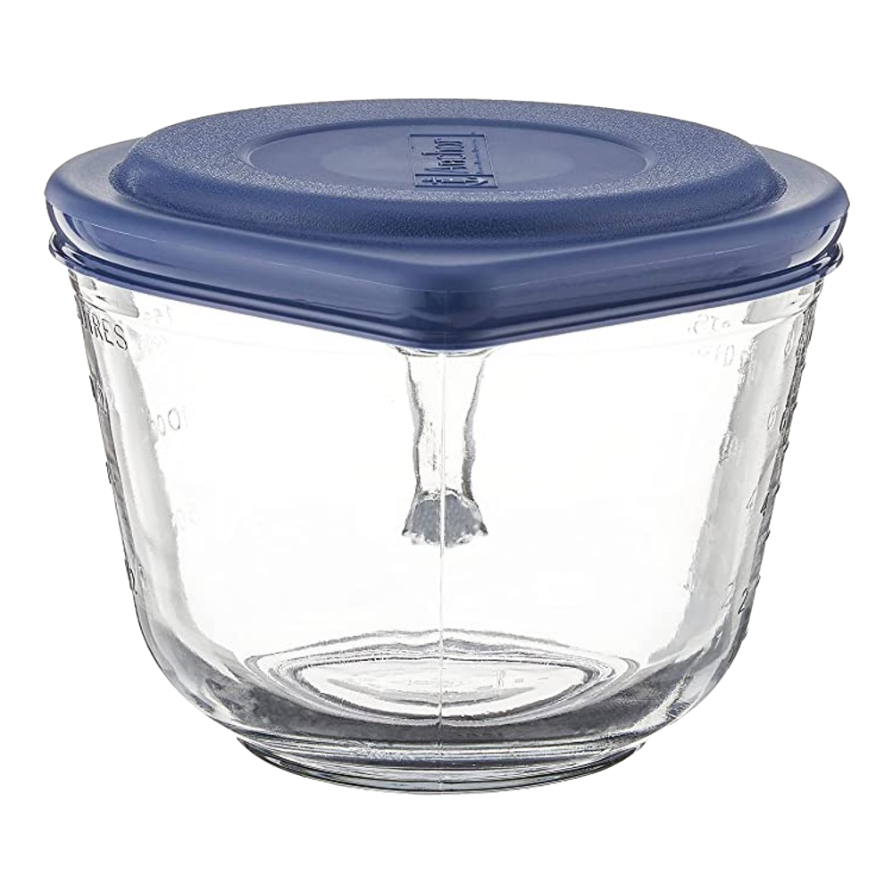 Clear glass batter bowl with blue plastic lid designed for kitchenware and cooking tools under $50 collection