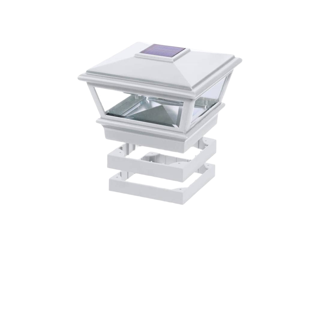 White traditional solar-powered deck post cap with classic design for outdoor home improvement and lighting purposes
