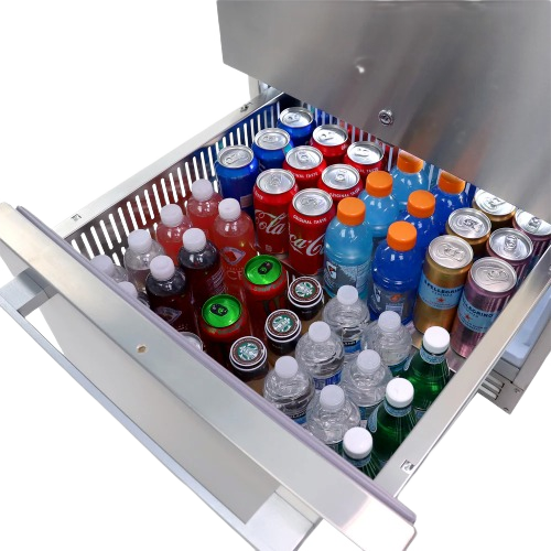 Open stainless steel undercounter drawer refrigerator filled with assorted beverages in kitchen appliances collection