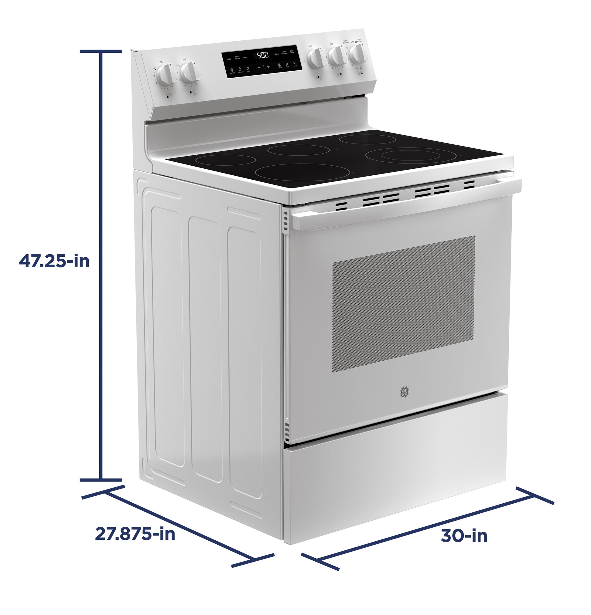 White free-standing electric range with smooth cooktop, digital controls, and storage drawer for kitchen appliances and home improvement.