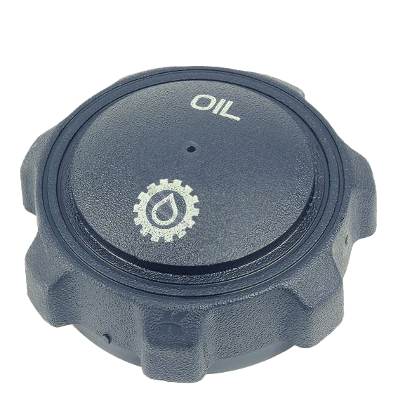 Black plastic hydraulic reservoir cap with oil symbol and textured grip for tools and home improvement projects