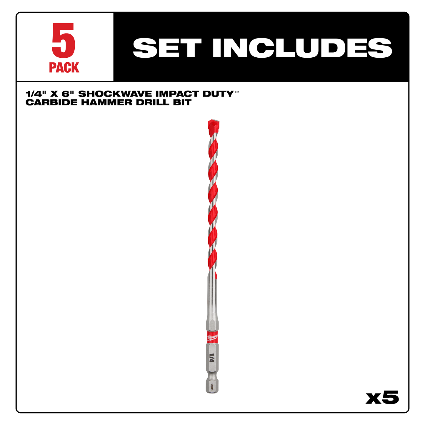 Milwaukee 1/4" x 4" x 6" SHOCKWAVE™ Impact Duty Carbide Hammer Drill Bits (5 PK)