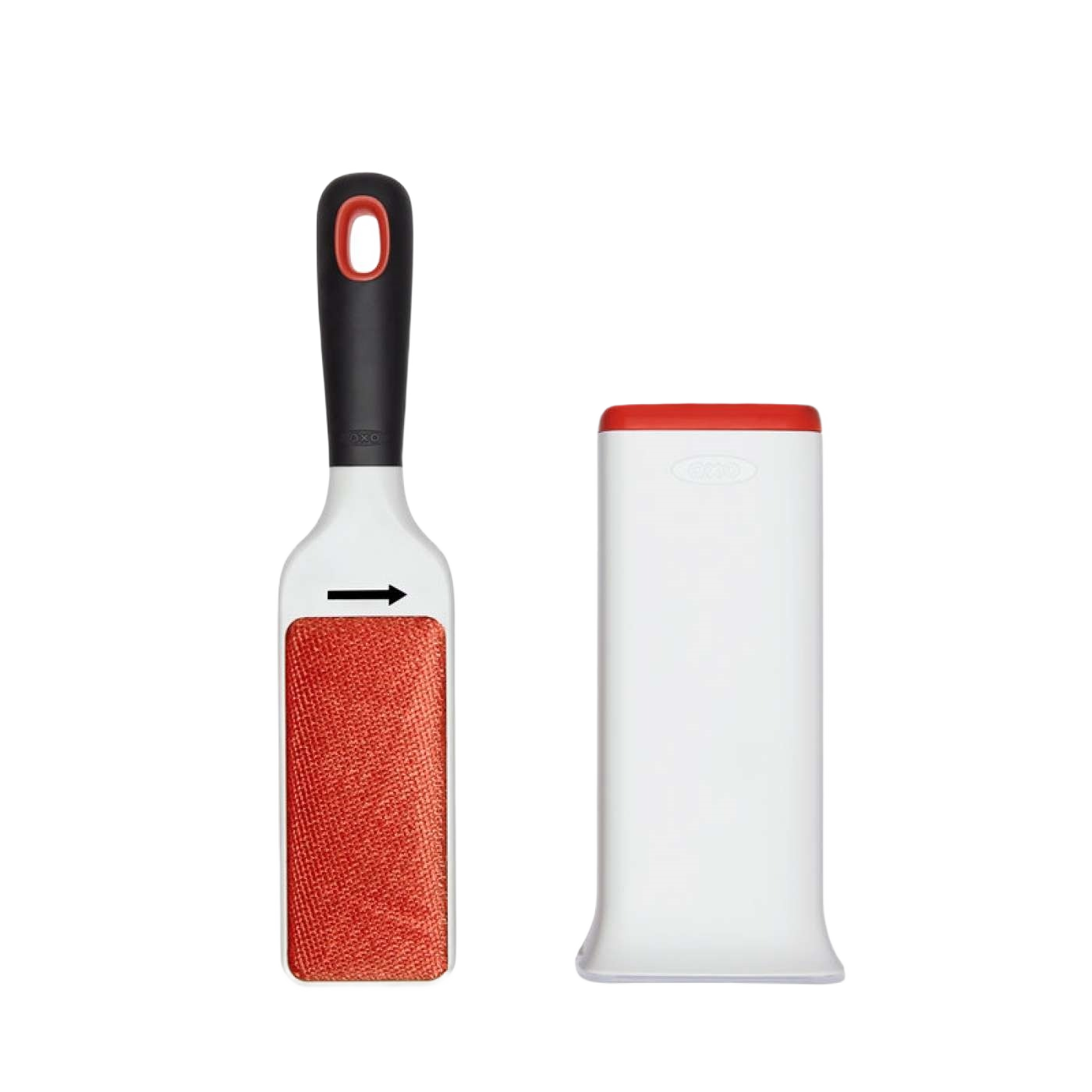 Garment brush with black and red handle next to white and red storage case for laundry organization under $50 collection