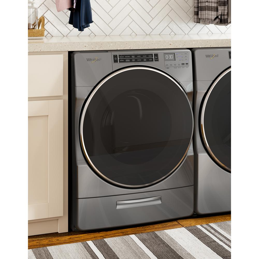 Dark gray front load washer with digital controls and matching dryer set in modern laundry room from washers collection