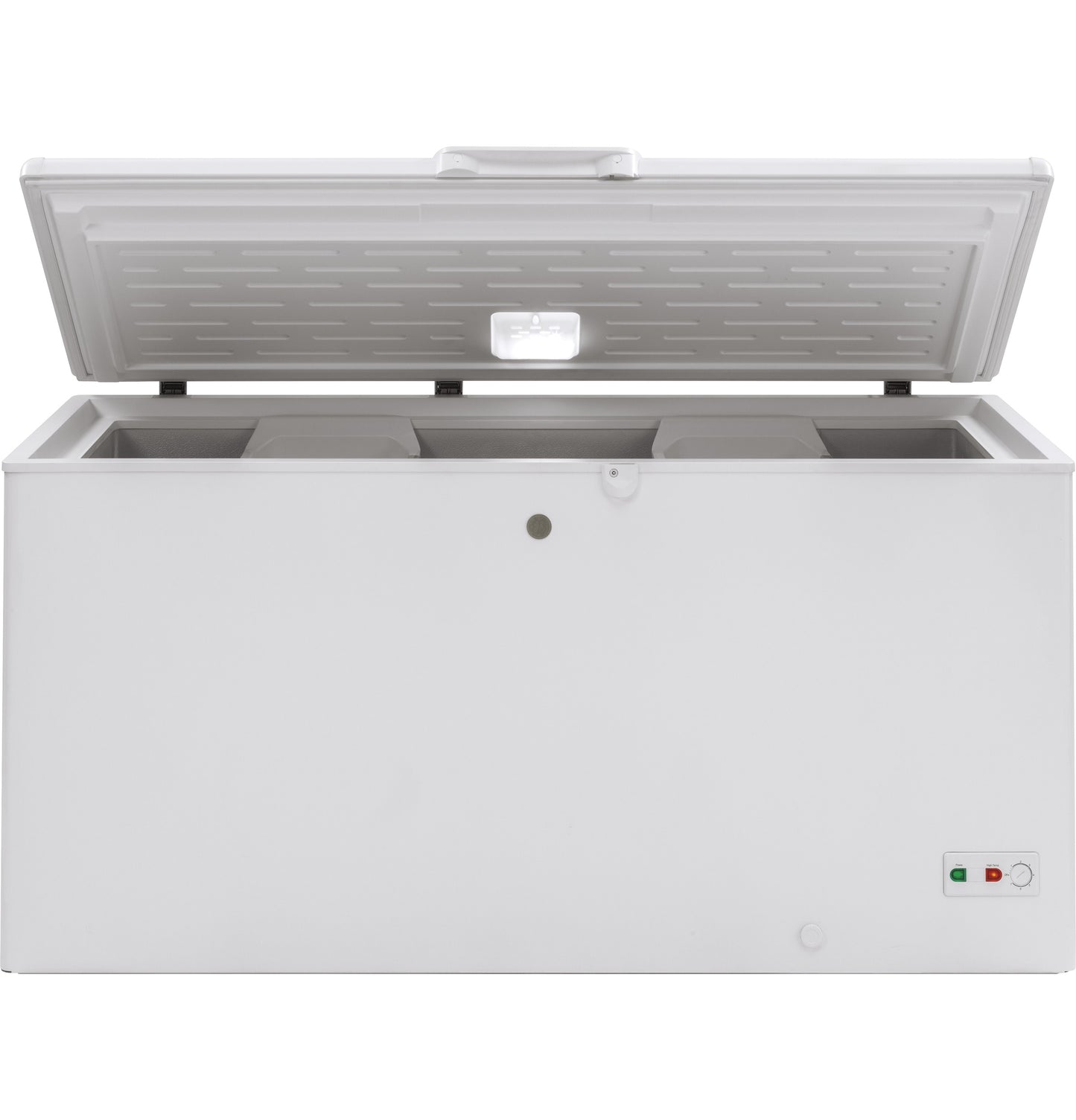White manual defrost chest freezer with interior light and separate storage compartments, part of kitchen appliances collection
