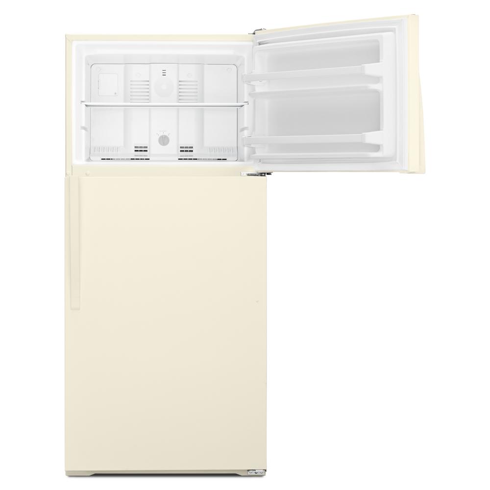 Cream Whirlpool top freezer refrigerator with doors open showing freezer and fresh food compartments in appliances collection