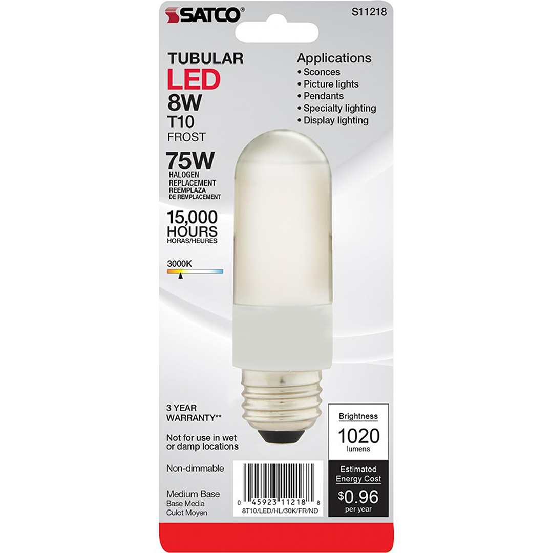 Frosted tubular LED bulb with medium base, 8 watt, warm 3000K light for indoor sconces and picture lights under $50