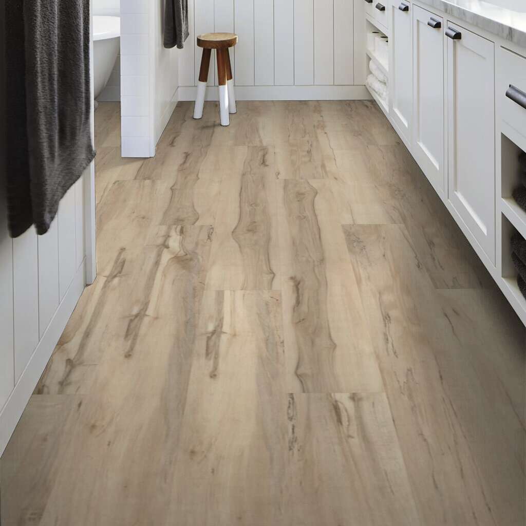 Vinyl flooring in mineral maple finish with natural wood grain texture in bathroom setting for flooring and rugs collections under $100