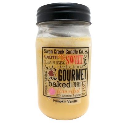 Glass jar candle with pumpkin vanilla scent label featuring warm, sweet, gourmet baking words in home decor collections