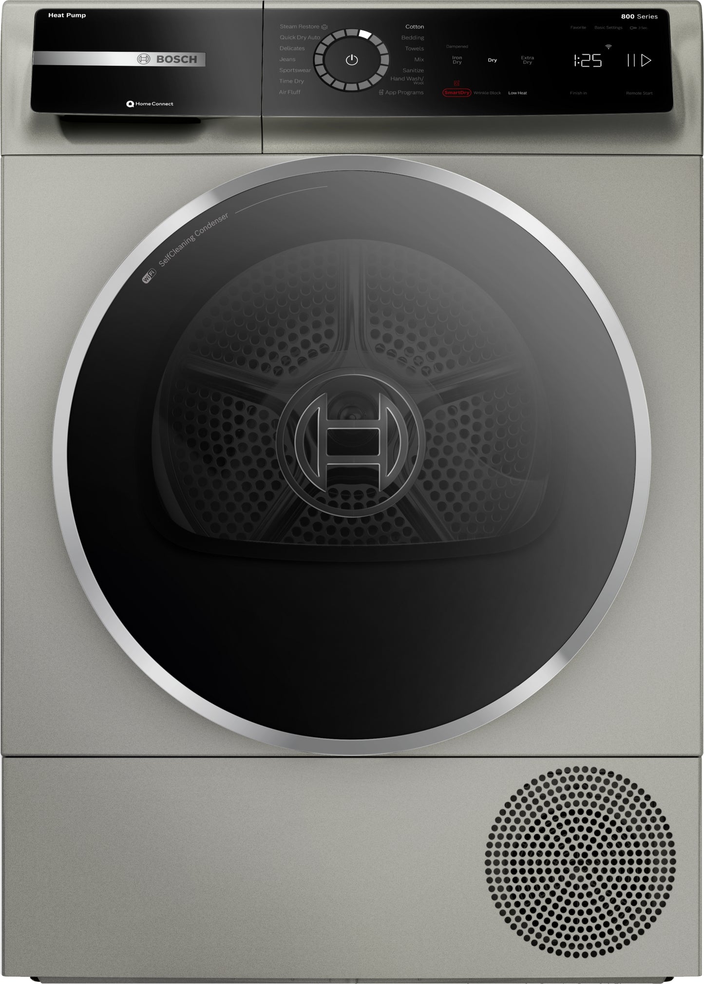 Pearl steel heat pump dryer with digital control panel and large round door from Bosch Dryers and Appliances collections