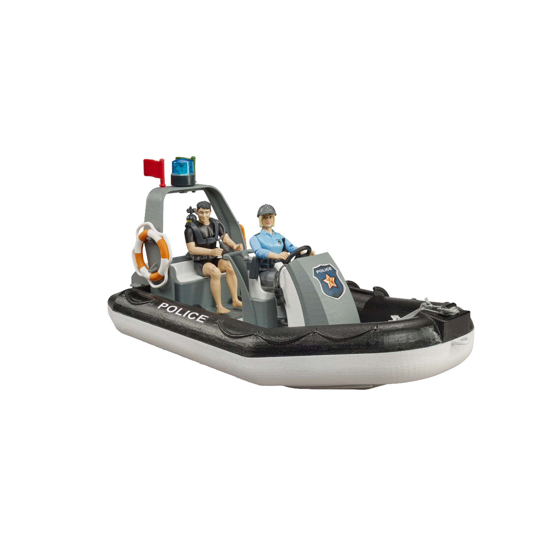 Police inflatable rescue boat toy with two officer figures, life ring, and blue emergency light from Bruder Toys collection