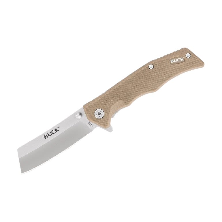 Folding knife with tan handle and stainless steel straight blade designed for tools and home improvement tasks