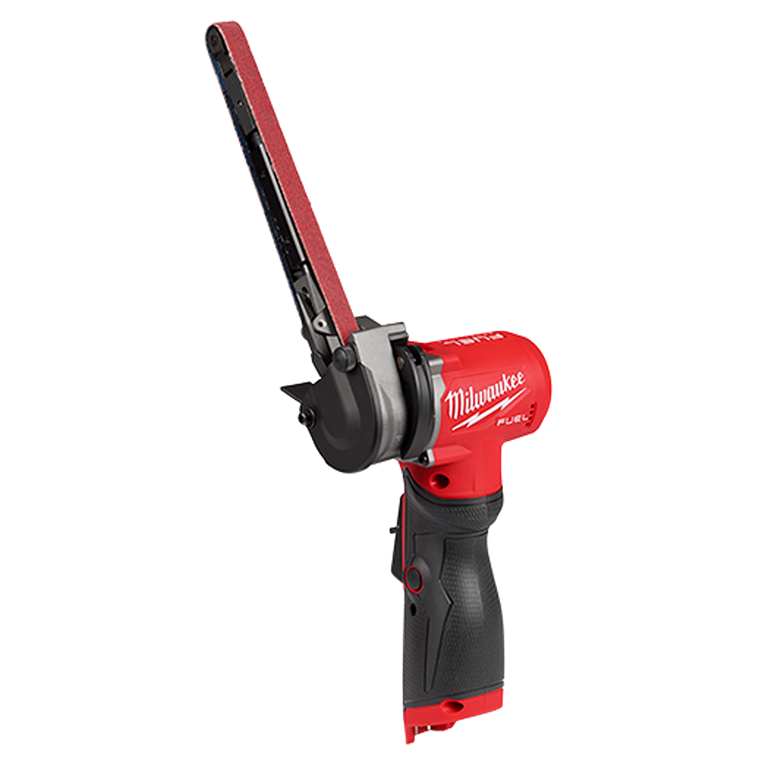 Compact cordless red and black power tool with 18-inch sanding band for home improvement tasks