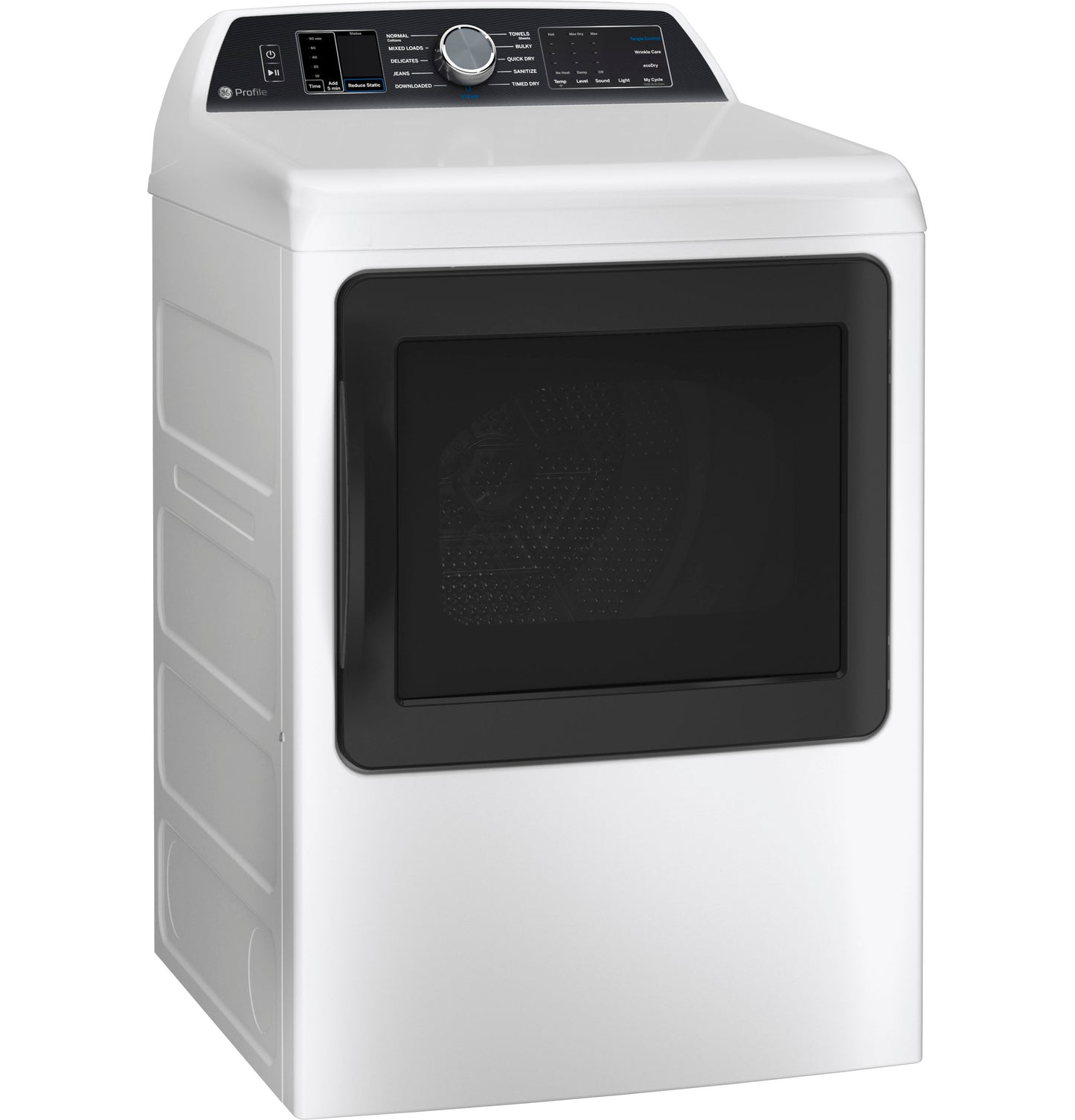 White smart electric dryer with aluminized alloy drum, black windowed door, and digital control panel from Dryers collection