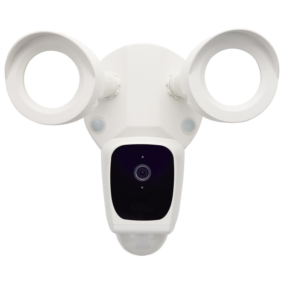 White outdoor security camera with dual round LED floodlights for smart home surveillance and outdoor lighting projects