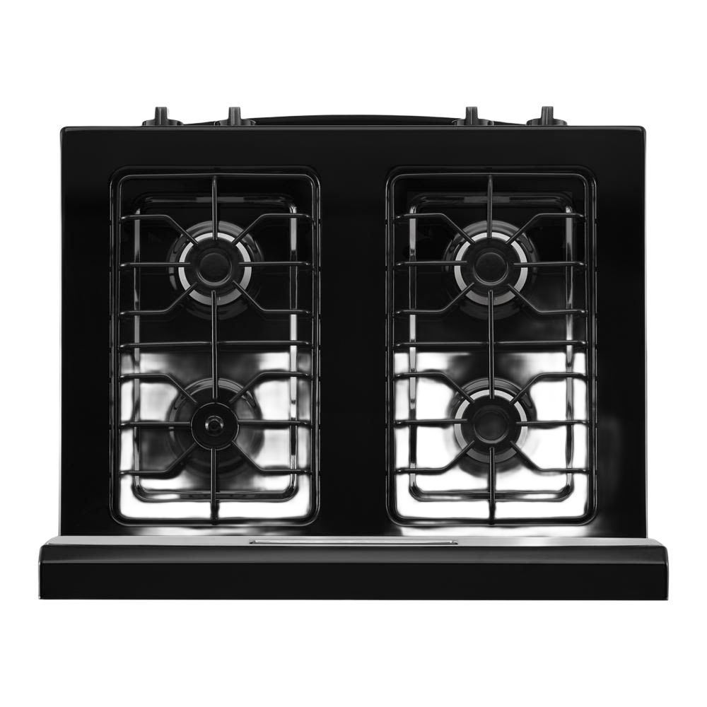 Black four-burner gas cooktop grate with control knobs for ranges and kitchen appliances collections