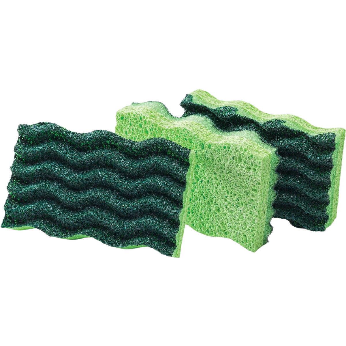 Set of three green and yellow heavy-duty cleaning sponges with rippled scrubbing surfaces for household cleaning tasks