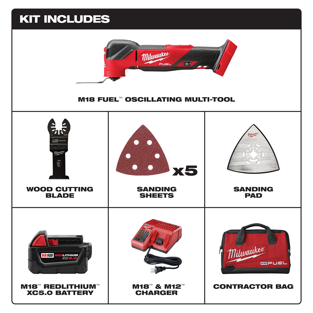 Red and black Milwaukee M18 FUEL oscillating multi-tool kit with blades, sanding sheets, battery, charger, and contractor bag for home improvement tasks