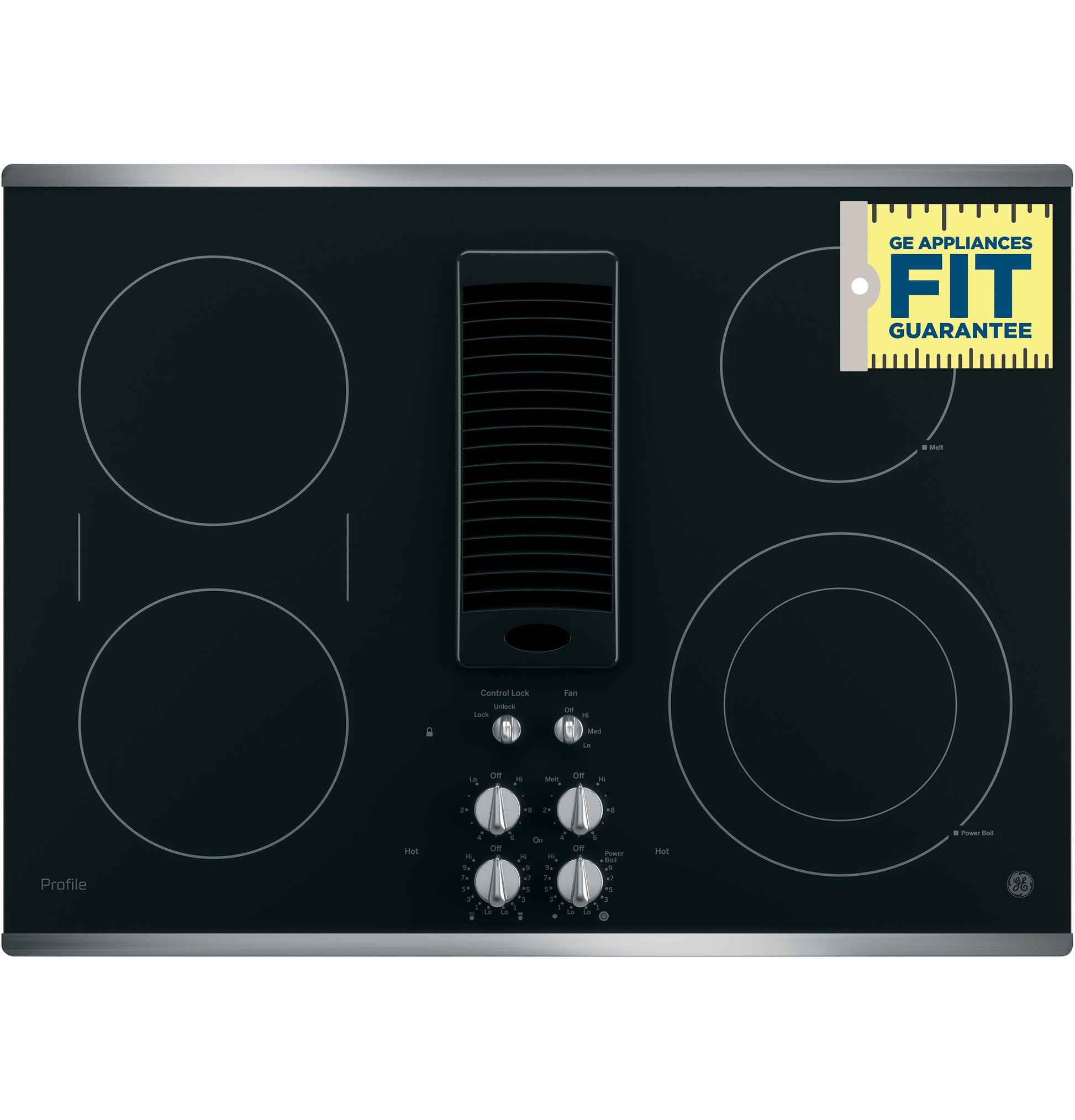 Black downdraft electric cooktop with four burners and stainless steel control knobs in kitchen appliances collection