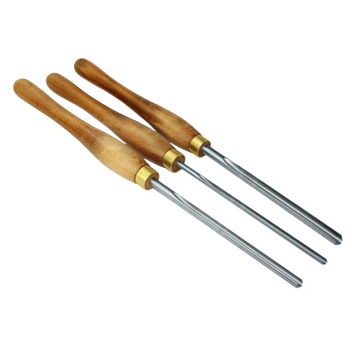 Set of three woodturning gouges with polished steel blades and smooth wooden handles for precision carving tasks