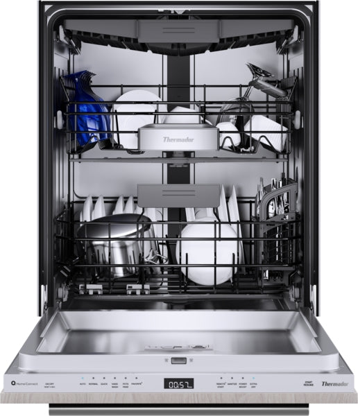 Open Thermador dishwasher with stainless steel interior racks loaded with dishes and kitchenware inside modern kitchen appliance