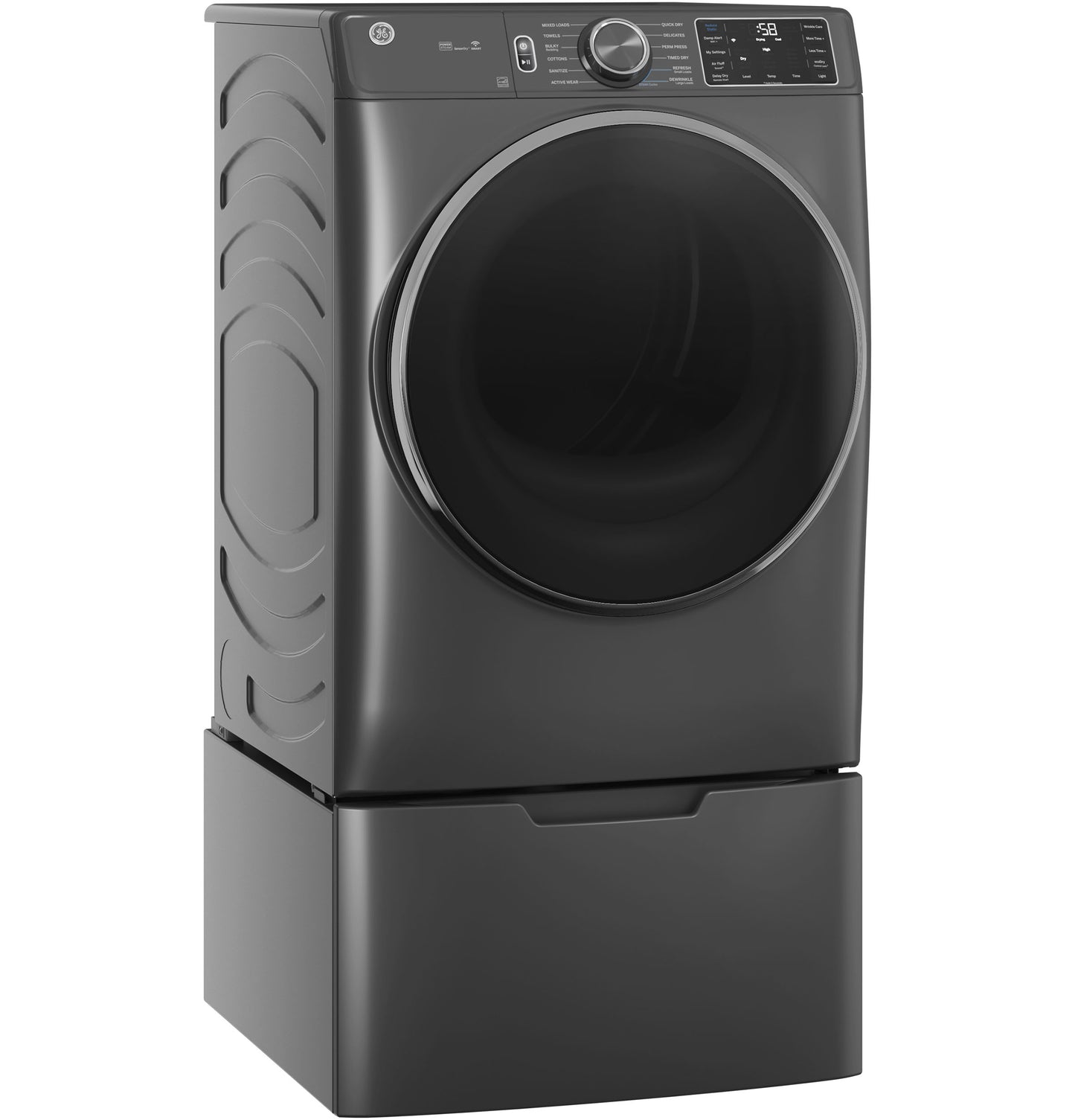 Dark gray smart front load electric dryer with large circular door and digital control panel on pedestal base in appliances collection